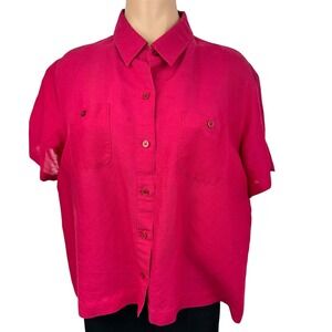 Crazy Horse Blouse Size PXL Short Sleeve Rose Red Button-Up Boxy Fit Ramie/Rayon